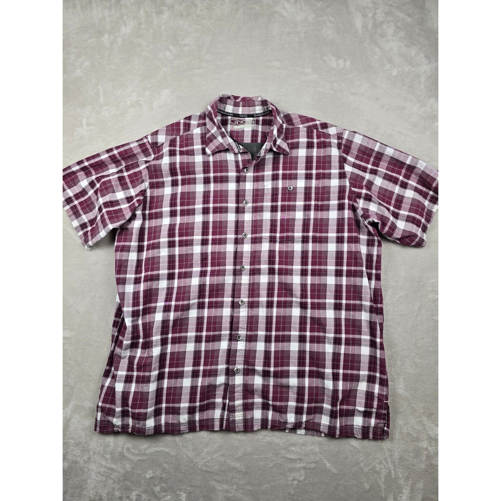 Game Guard Button Up Shirt Mens 3X Maroon Plaid Short Sleeve Vented Outdoors
